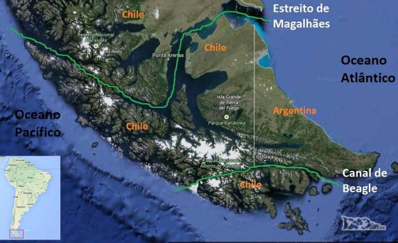 O Estreito de Magalhães, ao norte da Terra do Fogo e passando por Punta Arenas, e o Canal de Beagle, ao sul da ilha e passando por Ushuaia, duas das principais ligações entre os oceanos Atlântico e Pacífico. A Passagem de Drake está mais ao sul
